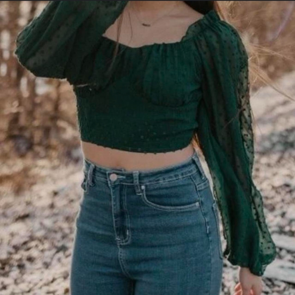 SheIn long sleeve crop top with square neckline. Peasant style with sheer sleeve